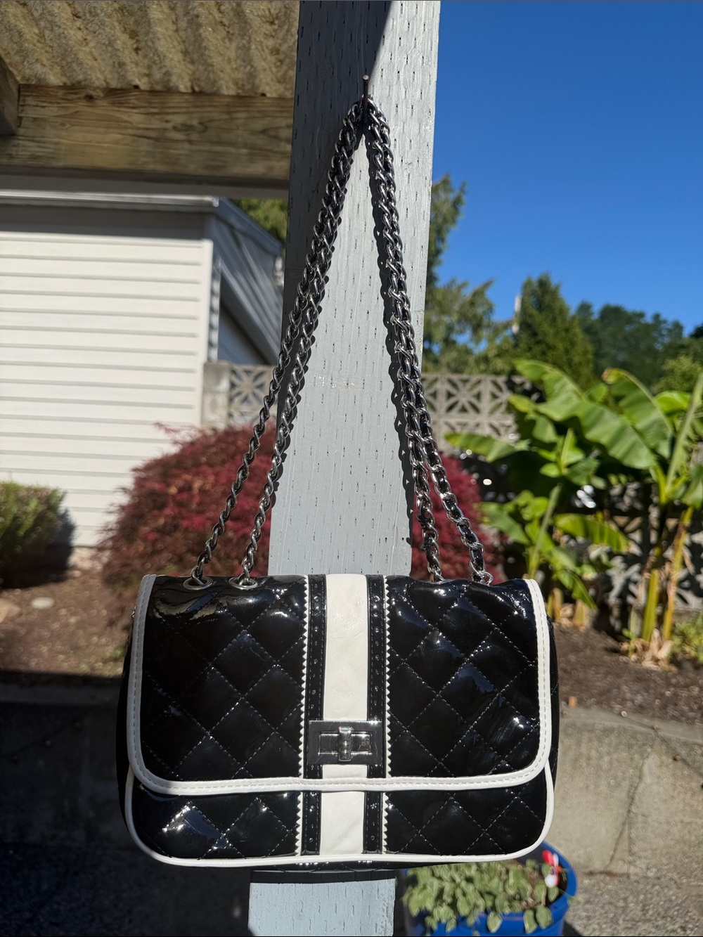 White House Black Market Black Patent Quilt Shoulder Bag with White Leather Trim
